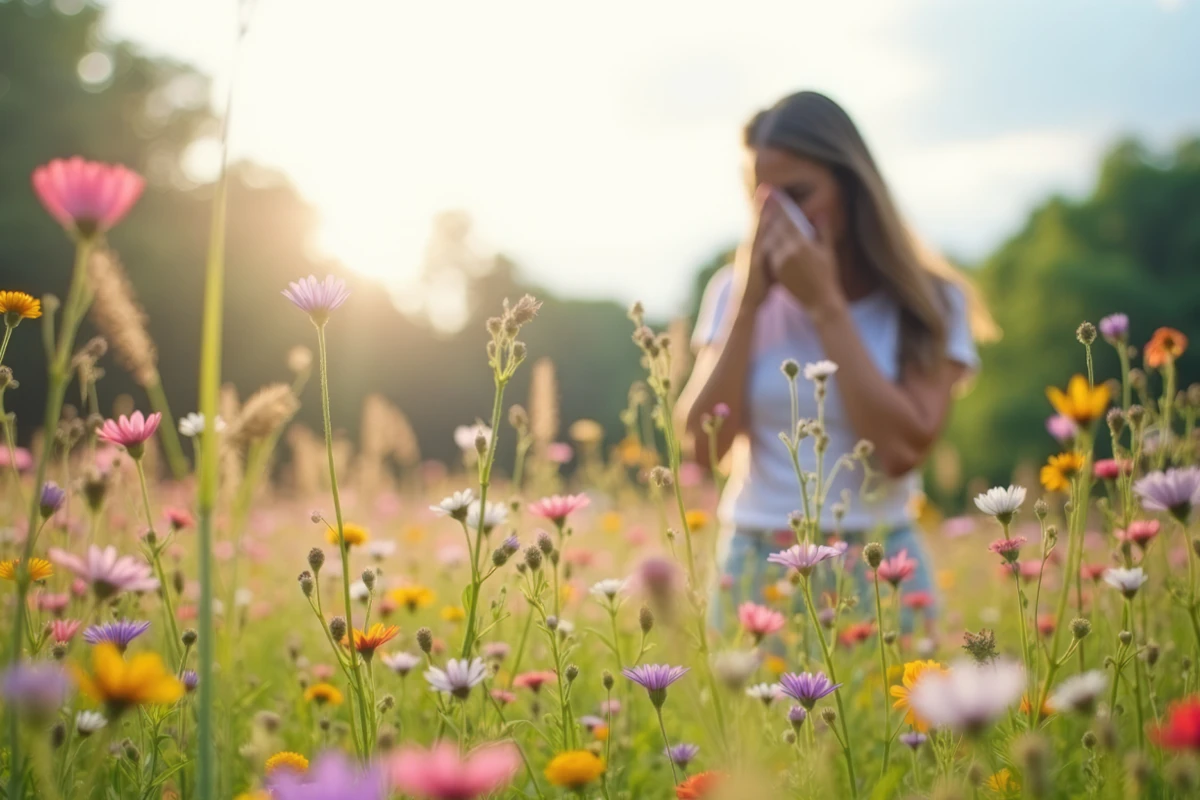 Eine weibliche Person auf einer Blumenwiese putzt sich die Nase