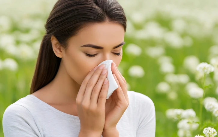 Eine weibliche Person auf einer Blumenwiese putzt sich die Nase